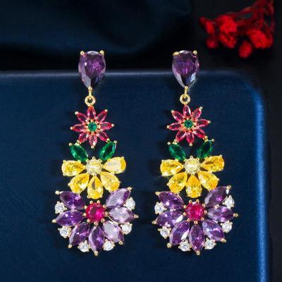 WWJ Exquisite Flower Multicolor Zircon Long Drop Earrings