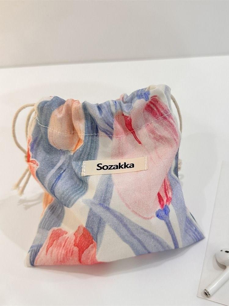 Stylish Japanese Portable Makeup Bag Floral Canvas Drawstring Cosmetic Pouch For Women