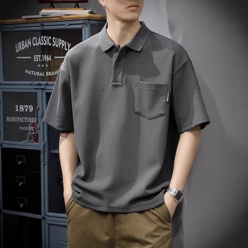 Men's Loose Fit Short Sleeve Polo Shirt with Chest Pocket for Casual Daily Wear