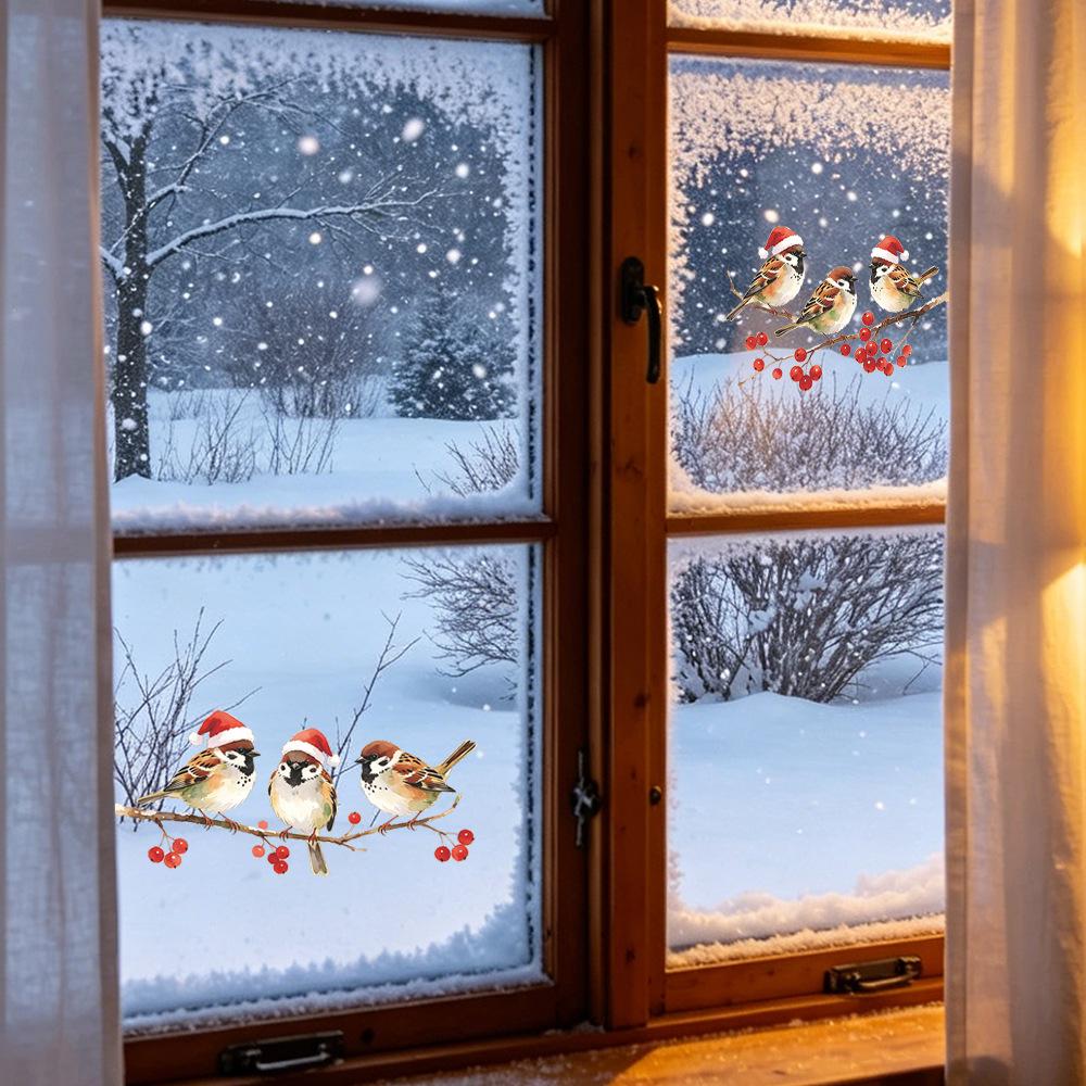 Christmas Red Fruit Branches, Christmas Hat Sparrows, Balcony, Glass Windows, Beautification, Decoration, Window Stickers