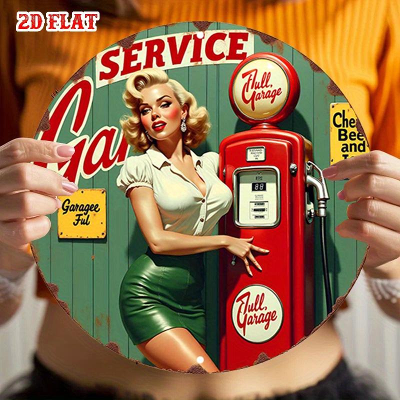 Vintage Pin-Up Girl Gas Pump Round Aluminum Sign