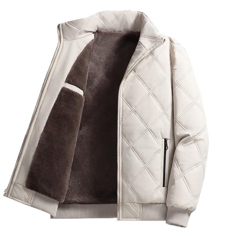 Men's Khaki Stand Collar Windproof Velvety Cotton Winter Jacket