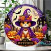 Cute Halloween cat witch themed round wooden hanging plaque spooky pumpkin floral wall sign indoor outdoor home festival party decor gift