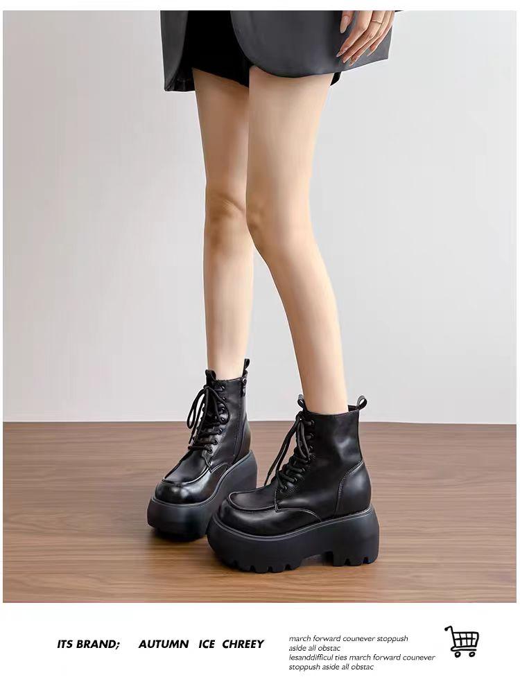 Fashion British-style round-toed, thick-heeled, thick-soled height-increasing ankle boots 2025 autumn/winter new fashion women's boots
