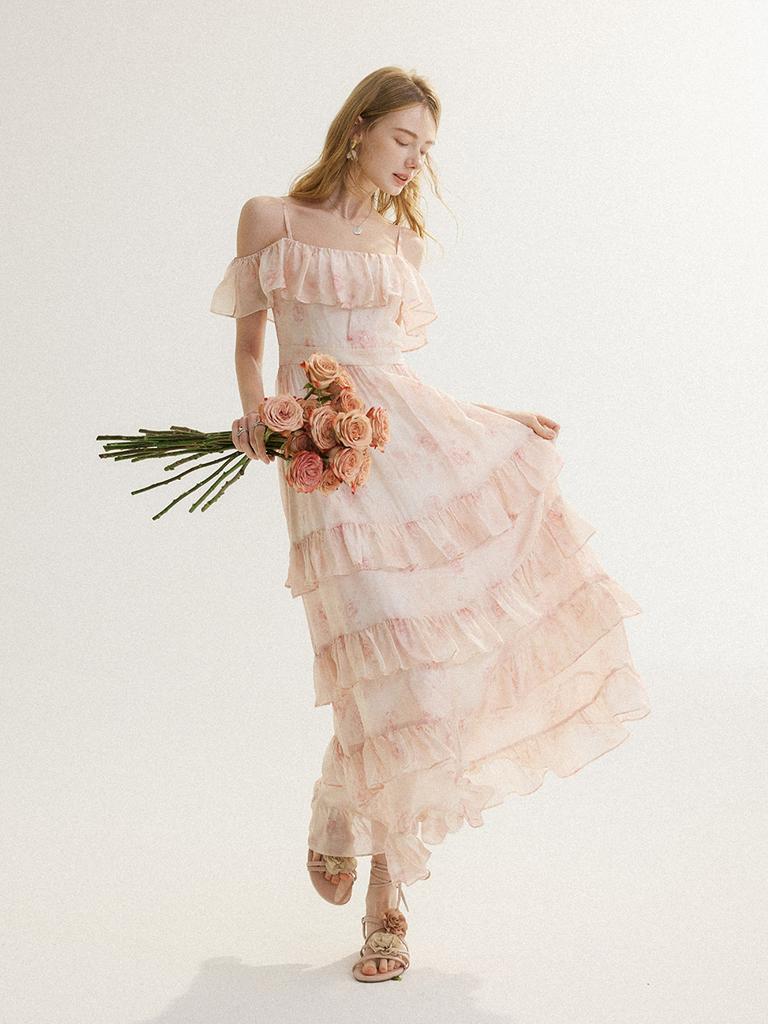 Sinseuden Clay Tiered Off-Shoulder Long Dress