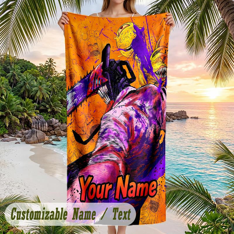 Chainsaw Man Beach Towel, Personalized Custom Name Text, Quick Dry Large Absorbent Towel For Beach Pool