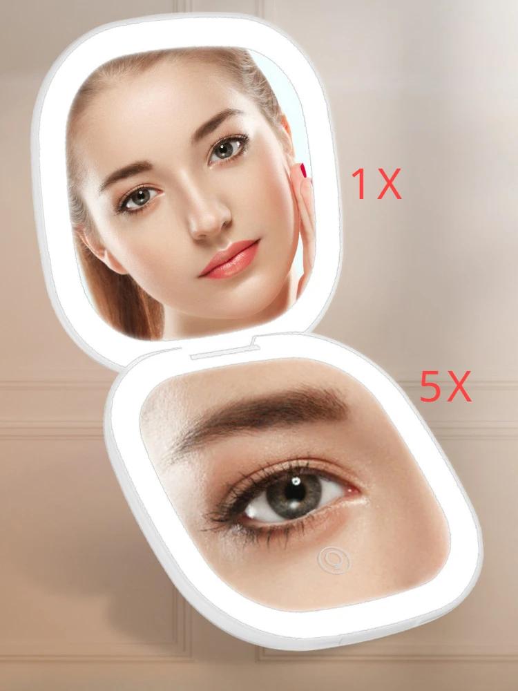 Specchio da Trucco LED Tascabile Pieghevole Mini Compatto con Luce, Ingrandimento 5X/10X, Specchio Portatile Ricaricabile da Viaggio