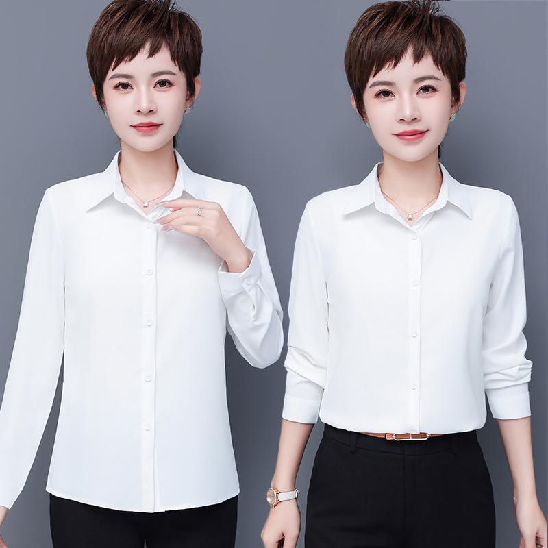 Women's Long Sleeve White Workwear Shirt with Turn-Down Collar
