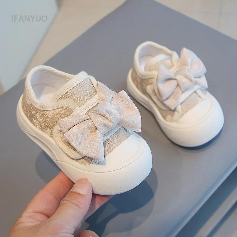 1-5Years Canvas Shoes Soft Soled Children's Shoe Spring Autumn Baby Butterfly Knot Shaped Skateboard Shoes Girls Stylish Shoes