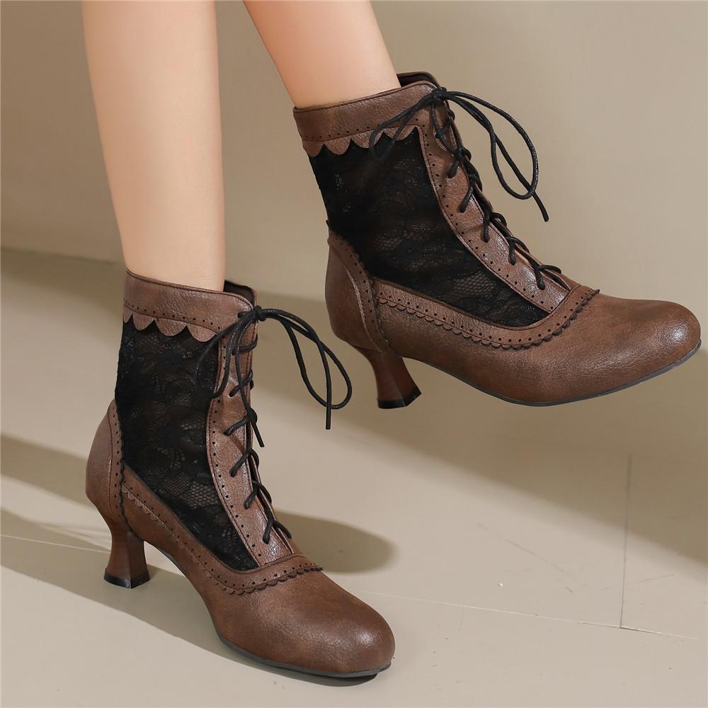 Fashion 2025 New Lace Up Hollow Mesh Victorian Ladies High Heel Shoes Strange Steampunk Boot Ankle Boots Women Thick Soled Short Boots