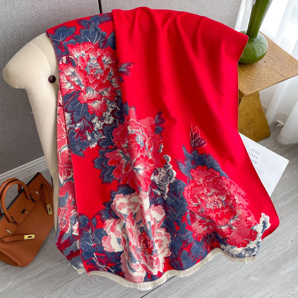 New red peony flower imitation cashmere scarf women's short fringed gold shawl gift box cover for elderly mothers