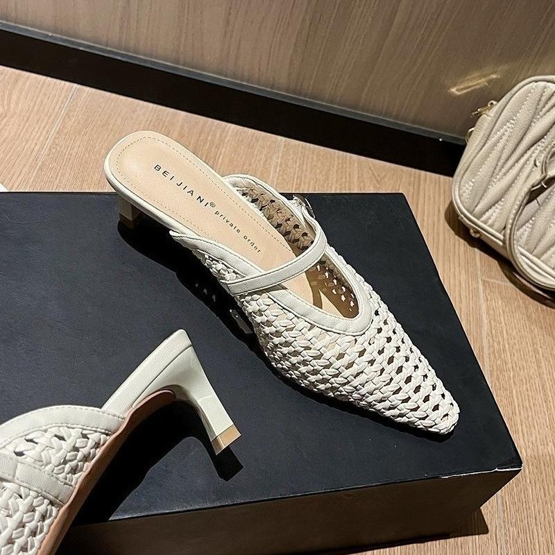 Fashion Women's French Retro Woven Pointed Toe Mid Heel Mule Sandals Slip On High Heel Slippers