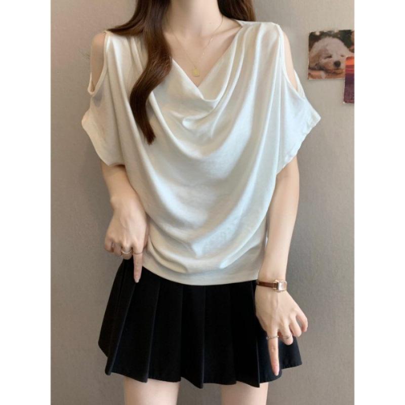 Women's Cowl Neck Short Sleeve Cold Shoulder Tunic Top Batwing Loose Fit Plus Size Elegant Commuter Solid Color Tee Summer Blouse