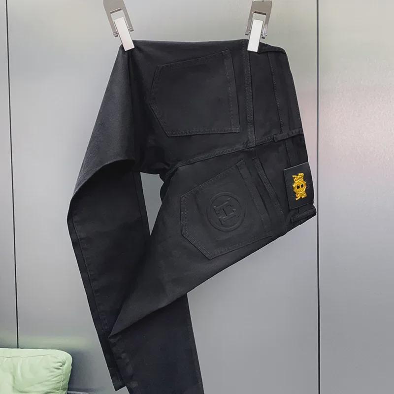 High-Quality 3D Printed Slim Fit Men's Black Jeans - Elastic, Versatile Straight Leg Trousers