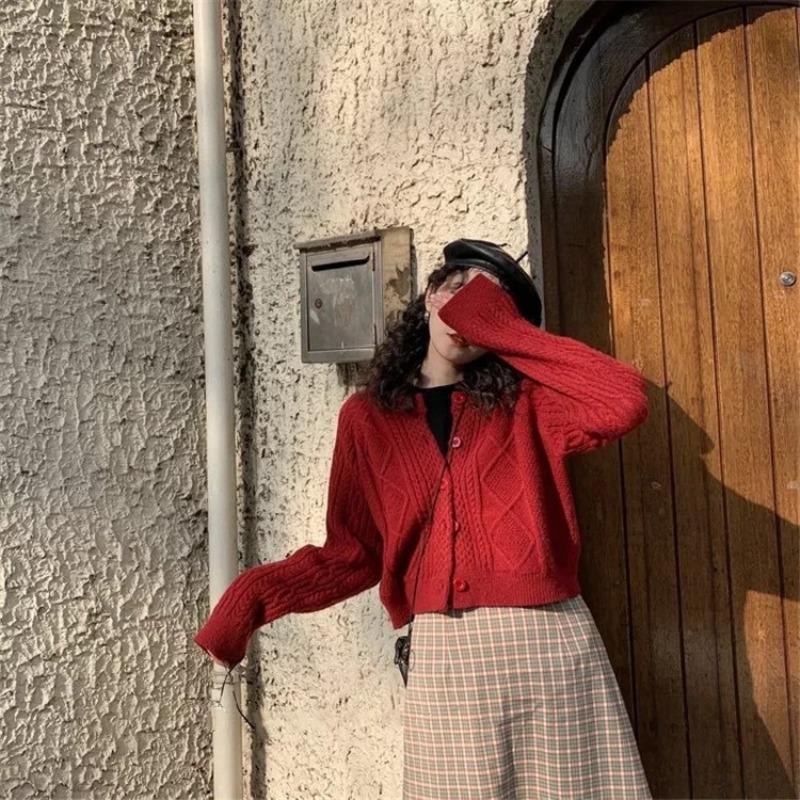 

Вязаный кардиган в стиле ретро, свободный, ленивый ветер, женский, новый, осенне-зимний, однотонный, с косами, укороченный жакет-свитер One size