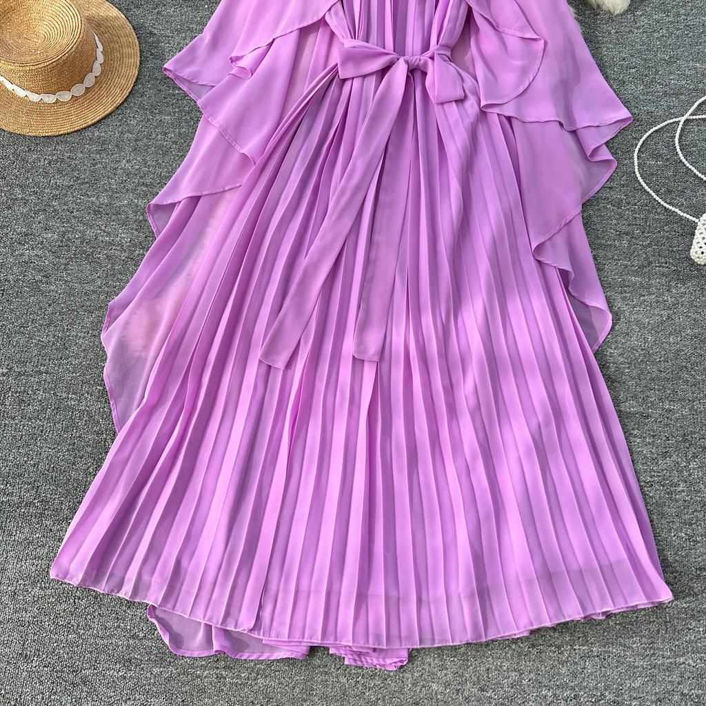 Elegante vestido largo plisado de gasa con cuello redondo, cordones y mangas estilo capa vintage para mujer, ropa de calle de moda