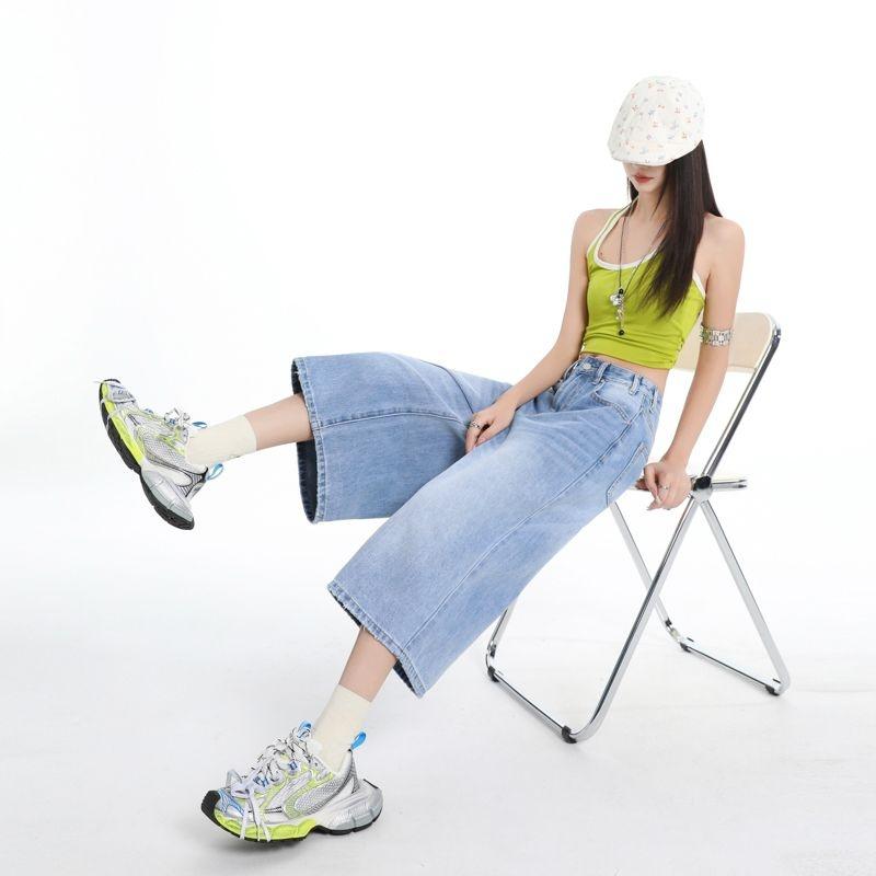 Gedijie Cat Beard Craft Wash Loose Cowboy Mid Pants for Women's New Wide Leg Seven Leg Pants