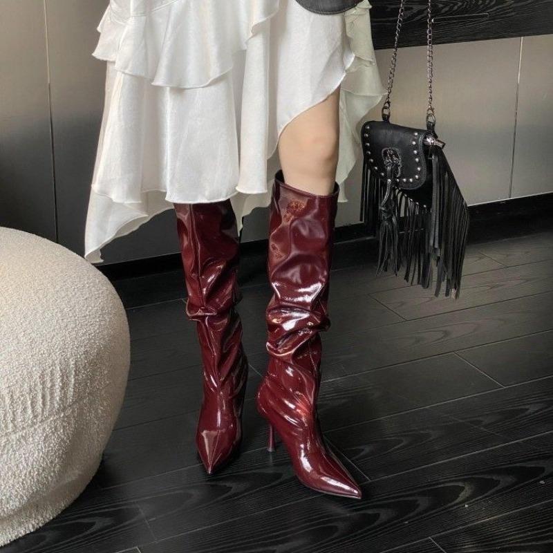 Fashion New Autumn Style Pleated Stiletto High Boots with Pointed Sleeves, Non-slip and Wear-resistant High Heels