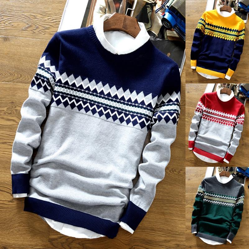 Slim Knit Men Color Block Sweater Crew Neck Jumper Top Winter Pullover Knitwear