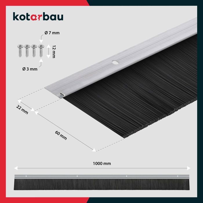Brosse Bas de Porte - Aluminium - 1 m - Argent - Isolant - 60 mm - Joint De Porte D'Entrée - Protection Insectes KOTARBAU