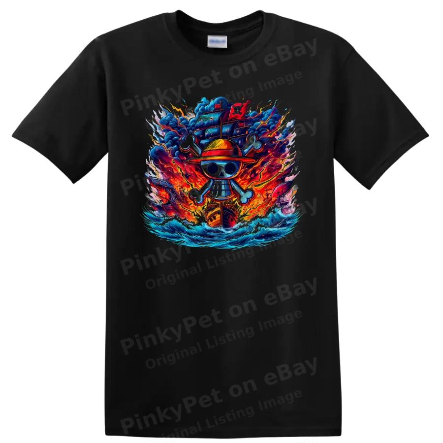 Anime Pirate Skull T Shirt w/ Fiery Ship Ocean Storm Adventure Graphic Art Tee