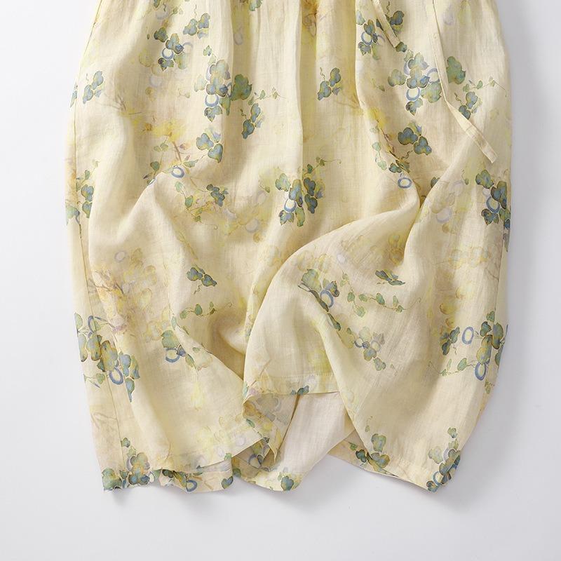 Five Quarter Sleeve Printed Waist Cinching Temperament Long Cotton and Linen Women's Dress