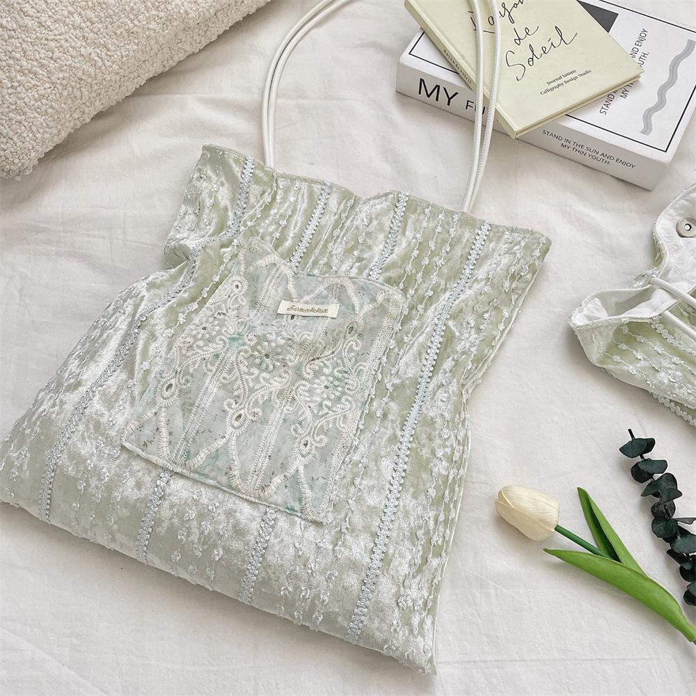 New Style, Pearl, Niche Design, Canvas Bag, Large Capacity, Commuting Bag, Girls' Bag, Lace Hand-held Shoulder Bag
