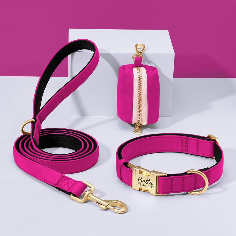 

Personalized Dog Collar Leash Bag Colorful Dog Collars Durable Nylon Pet Buckle Necklace With Leashes Poop Bag Soft for Dogs Pug S рожевий червоний колір