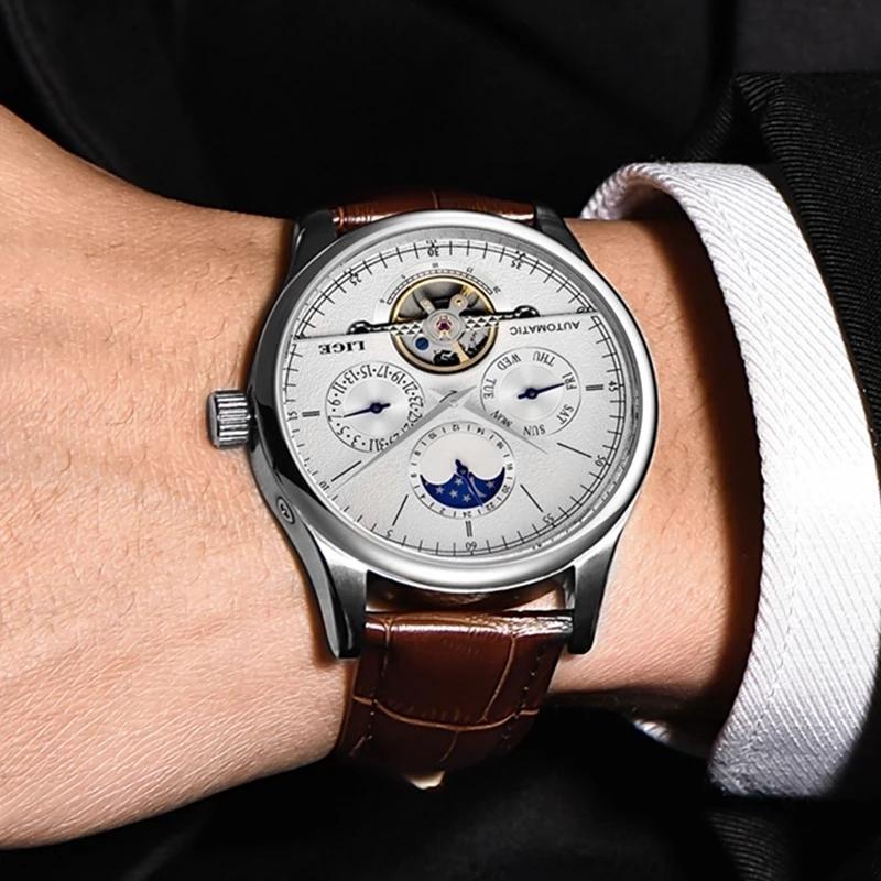LIGE Brand Retro Mechanical Wristwatch Tourbillon Automatic Watch Sport Clock Leather Casual Business Men Watches Relojes Hombre