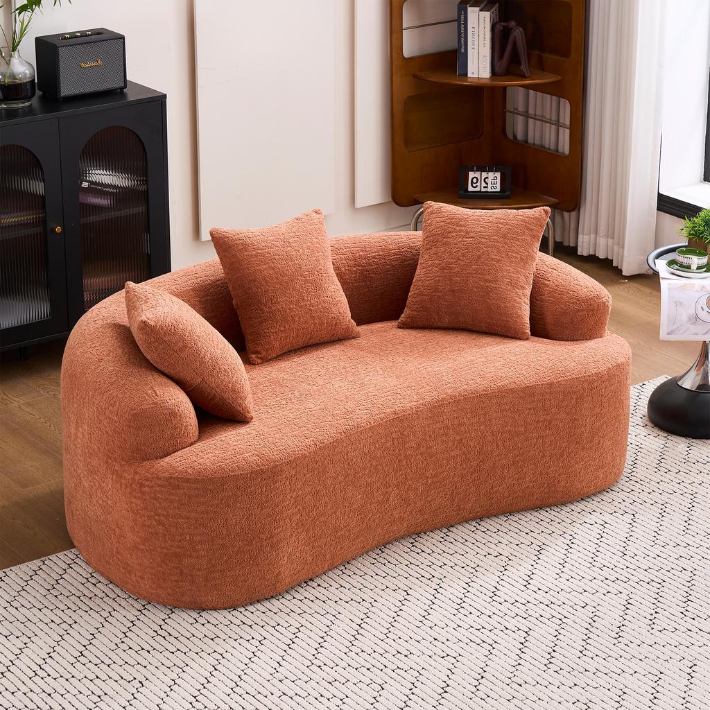 Modular, Curved Two-seater Sofa, Contemporary Style, Including Three Decorative Cushions, Ideal for Small Apartments, No Assembly Required, Coral Pink
