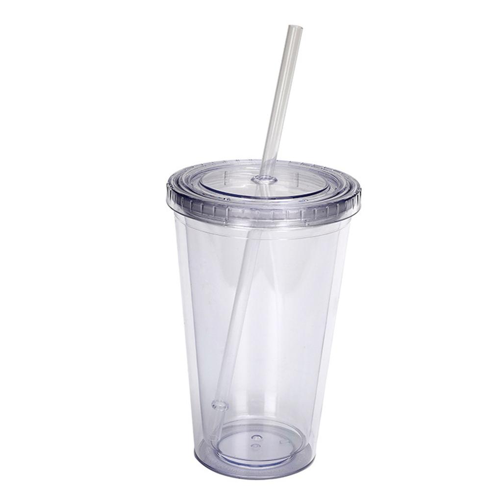 16oz Double Layer Transparent Plastic Water Cup Portable Double Layer Straw Cup