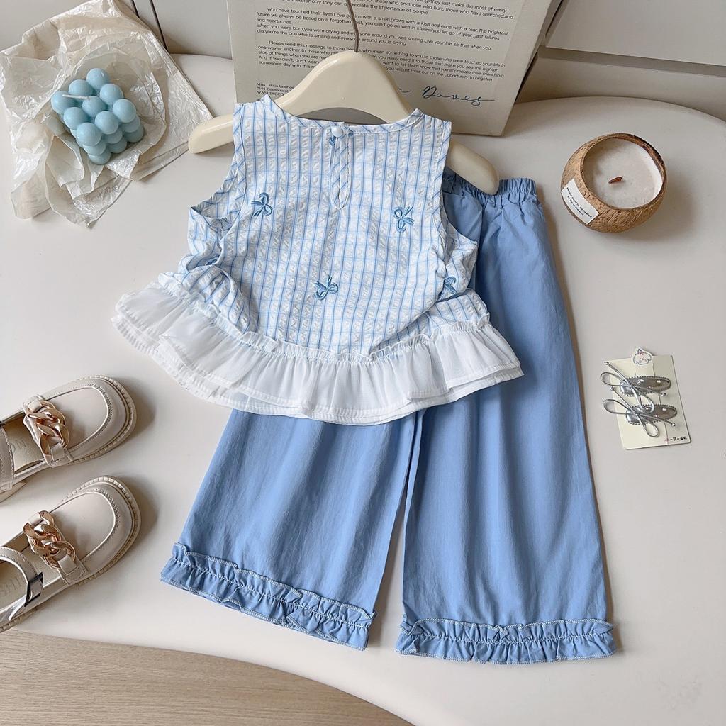 Summer Girls Plaid Vest And Wide Leg Pants Set With Bowknot Embroidery And Lace Trim Two Piece Outfit For Kids