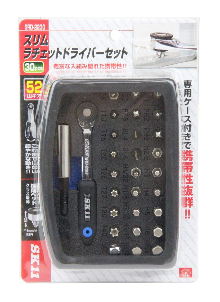 SK11 Slim Ratchet Driver Set Interchangeable Set SRD-2230, 52-tooth Gears, 30-Piece