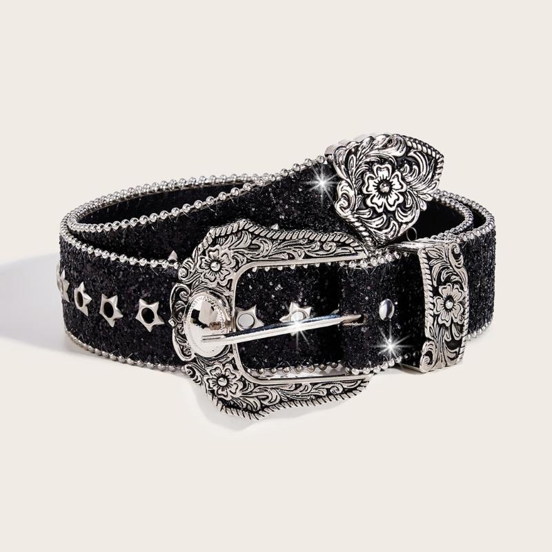 Grunge Waist Belts for Jeans Pants Carving Glitter Floral Buckle Belt Bandsman
