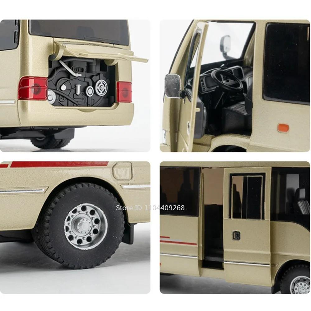 1:32 Scale T1 Coaster BUS Car Models Toy Doors Opened Metal Diecast Sound Light Pull Back Van Models Hobby Ornaments for Kids