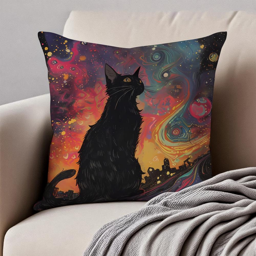 Starry Sky Art Cat Cushion Cover Pillowcase Anti-Dustmite Invisible Zipper Short Plush Sofa Cushion