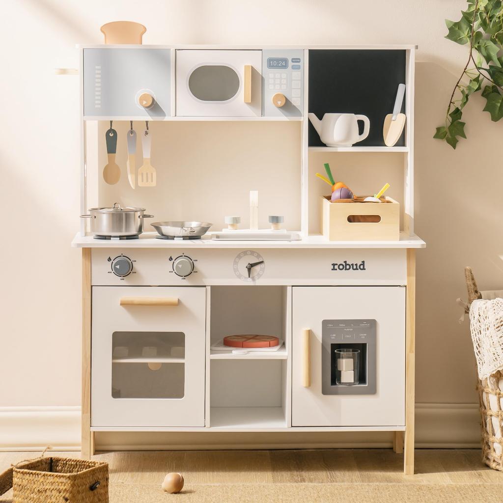 ROBUD Wooden Play Kitchen Set, 21 Pieces, with Cooking Utensils: Ice Maker, Oven, Microwave, Bread Maker, Chalkboard, Condiments, Vegetables, Knife,