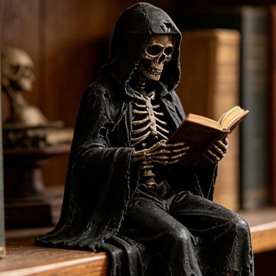 Jijijing Gotische Duistere Fantasie Figuur, Skelet Lezend Boek Beeldje, Academie Huisdecoratie voor Bibliotheek Kantoor Studiekamer Verzamelaar Display Cadeau