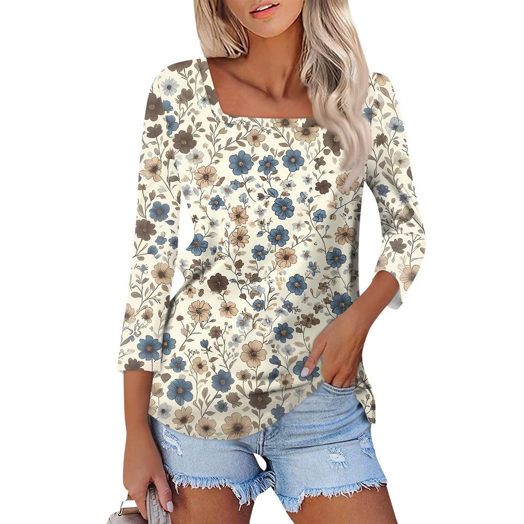 Shirt For Women's Fashion Casual Square Neck 3/4 Sleeve Loose Printed T-Shirt Ladies Top