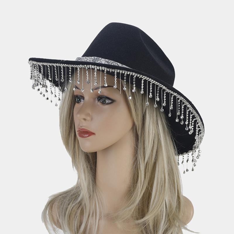 Lightweight Fedoras Hat Woman Men Felt Ladies Cowboy Hat Party Rhinestone Western Party Hat Bonnet Men Windproof Hat