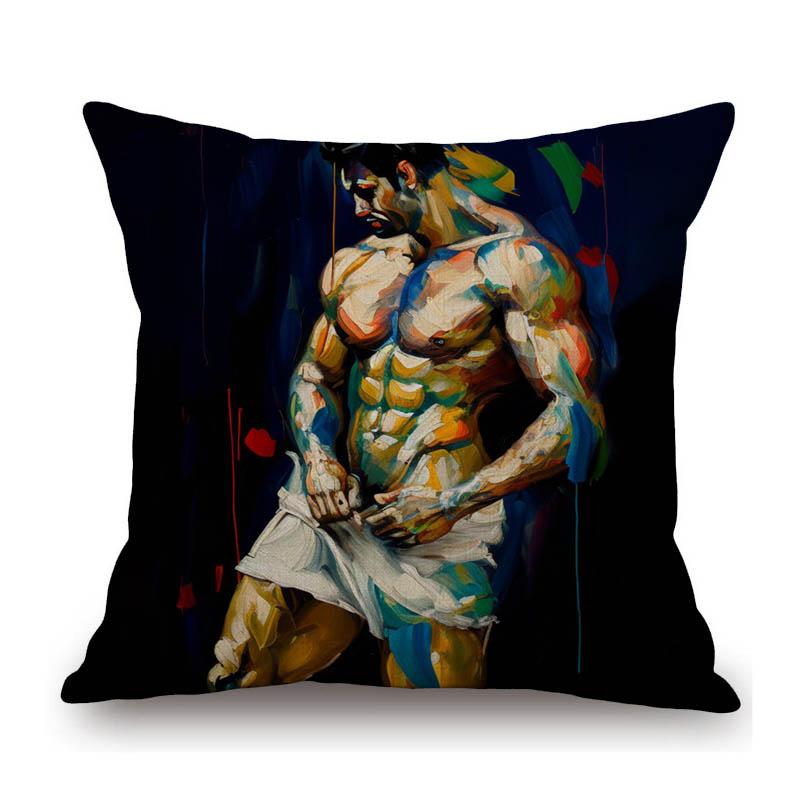 Handsome Sexy Muscle Hormone Body Man Hottest Guy Colored Oil Painting Decorative Sofa Throw Pillow Case Linen Cushion Cover