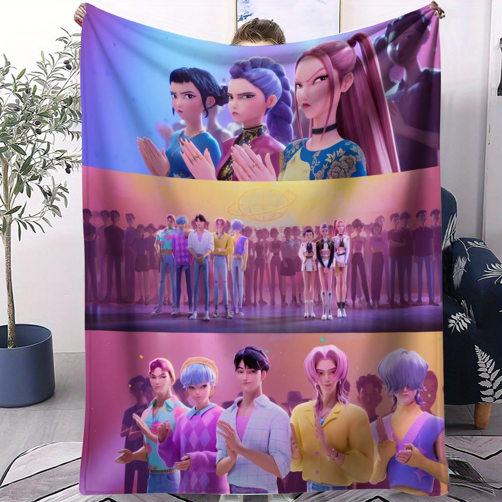 K-Pop Hot Anime Rumi & Jinu Cute CP Rujinu Print Fleece Blanket for Adult Quality Soft Warm Cozy Blanket for Travel Office Home