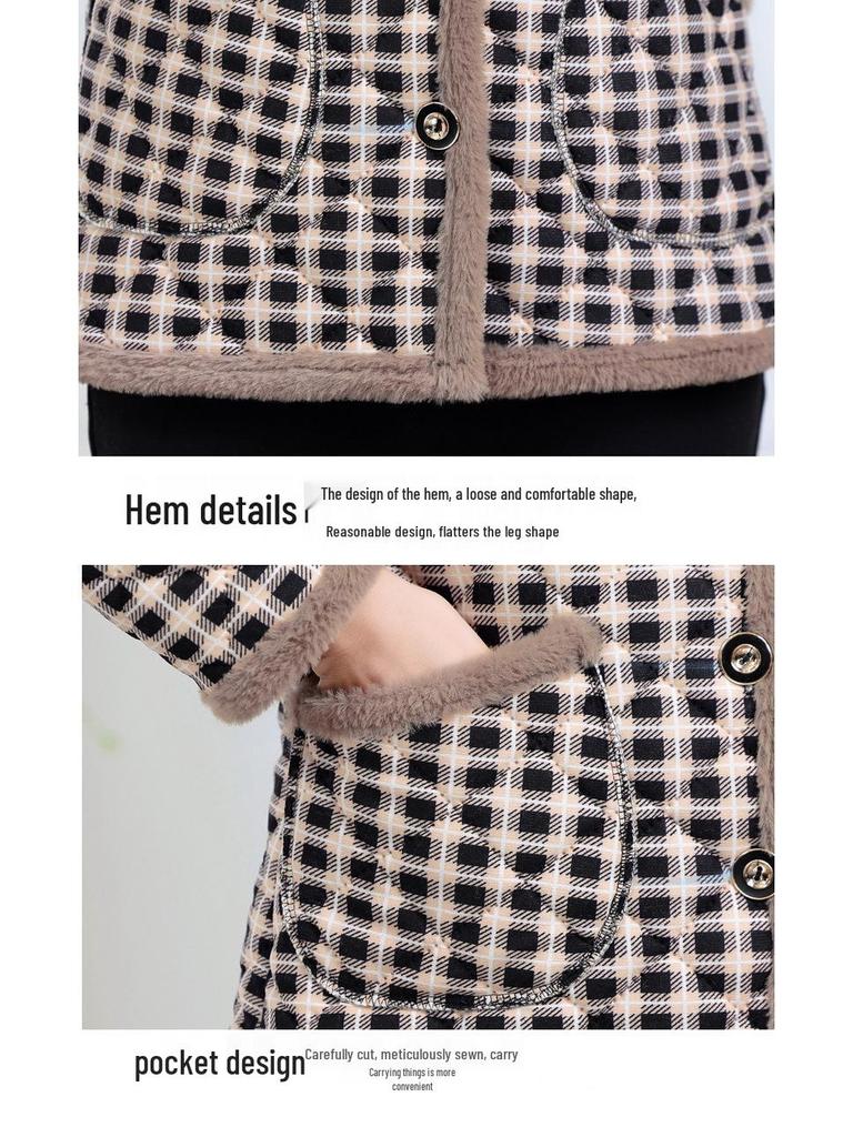 Winter Plaid Cotton-Padded Jacket for Middle-Aged & Elderly Women - Thick, Warm, and Stylish Outerwear