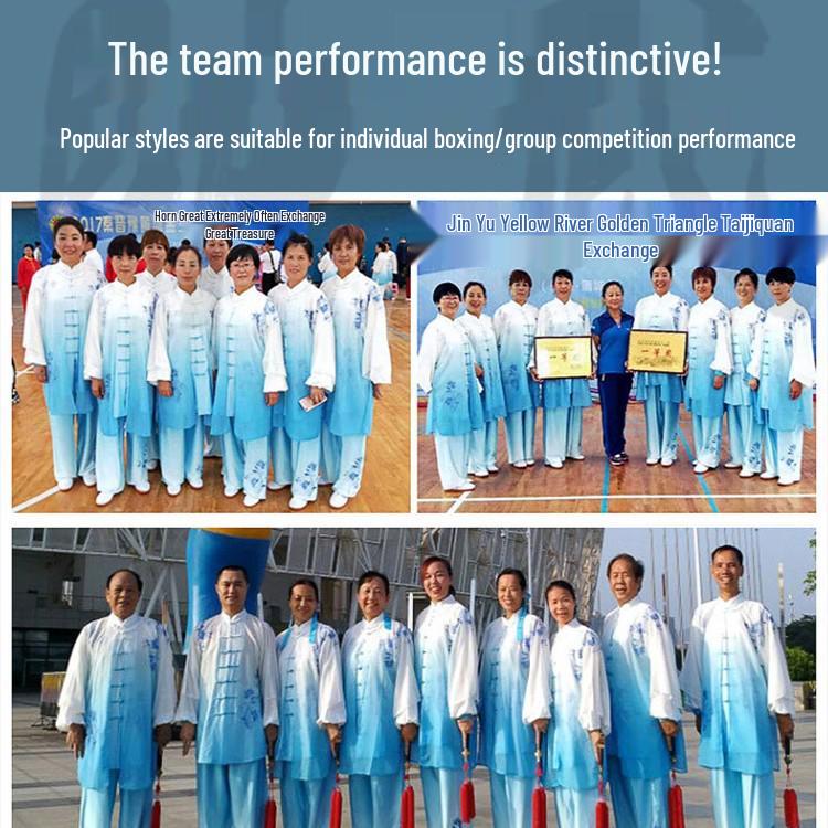 Blue & White Porcelain Gradient Tai Chi Suit: Embroidered Performance & Practice Attire for Women & Men.