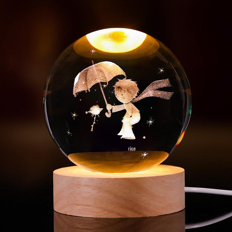 3D Starry Sky Crystal Ball Night Light with Solid Wood Base - Luminous Desktop Ornament & Birthday Gift