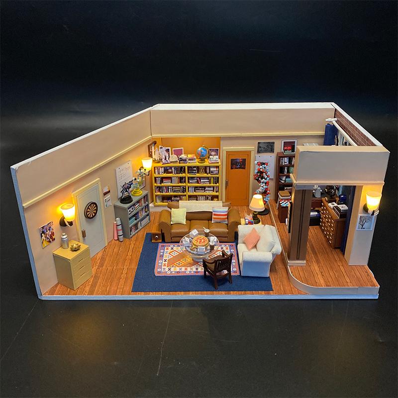 DIY Wooden Sheldons's Apartment Casa Miniature Building Kits Bookend Lights Assembled Bookshelf Home Decoration Friends Gift