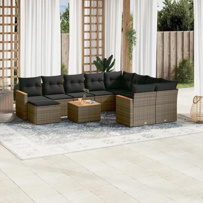 VidaXL Salon de Jardin avec Coussins 11 pcs, Canapés de Terrasse, Ensemble de Meubles de Patio, Mobilier d'Extérieur, Gris 3226564
