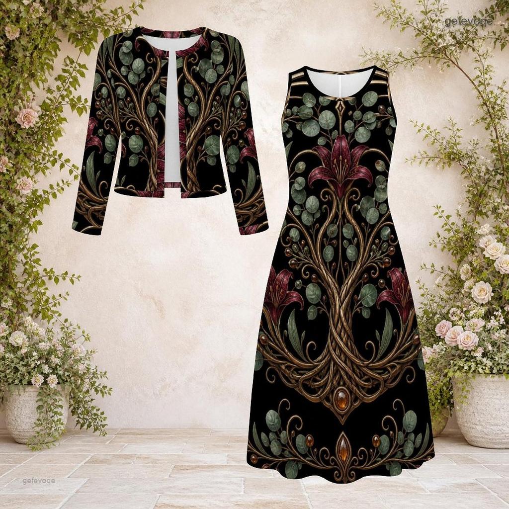 Women Plus Size 2 Piece Printed Dress Set Round Neck Long Sleeve Cardigan Sleeveless Black Blue Dress