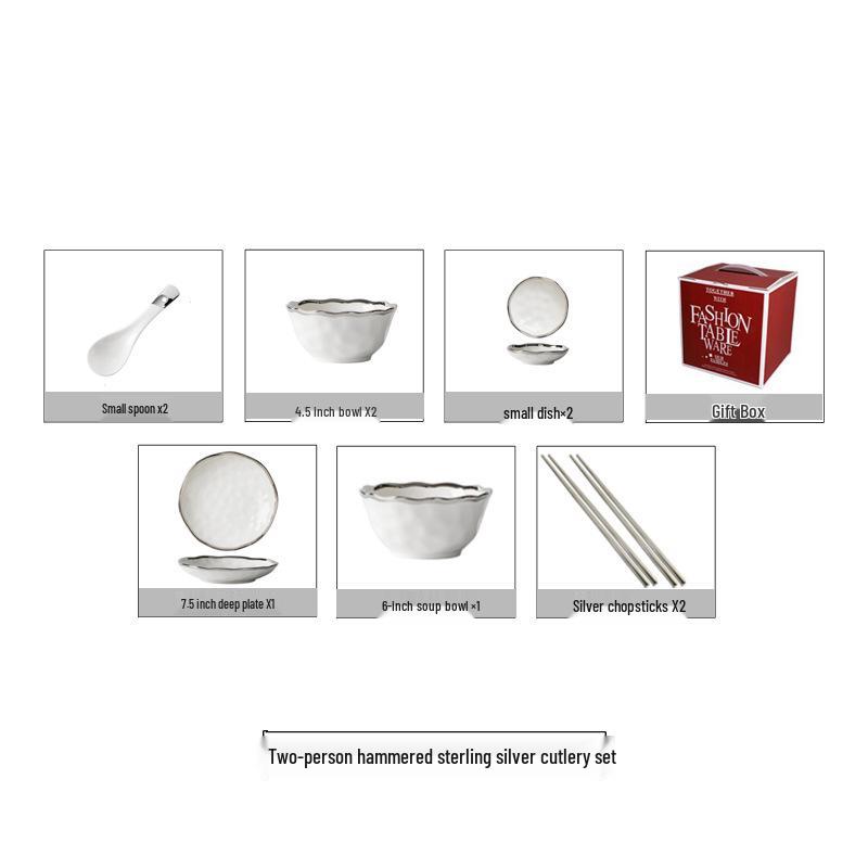 Elegant Hammered Silver Edge Ceramic Bowl & Plate Set - Perfect Housewarming Gift