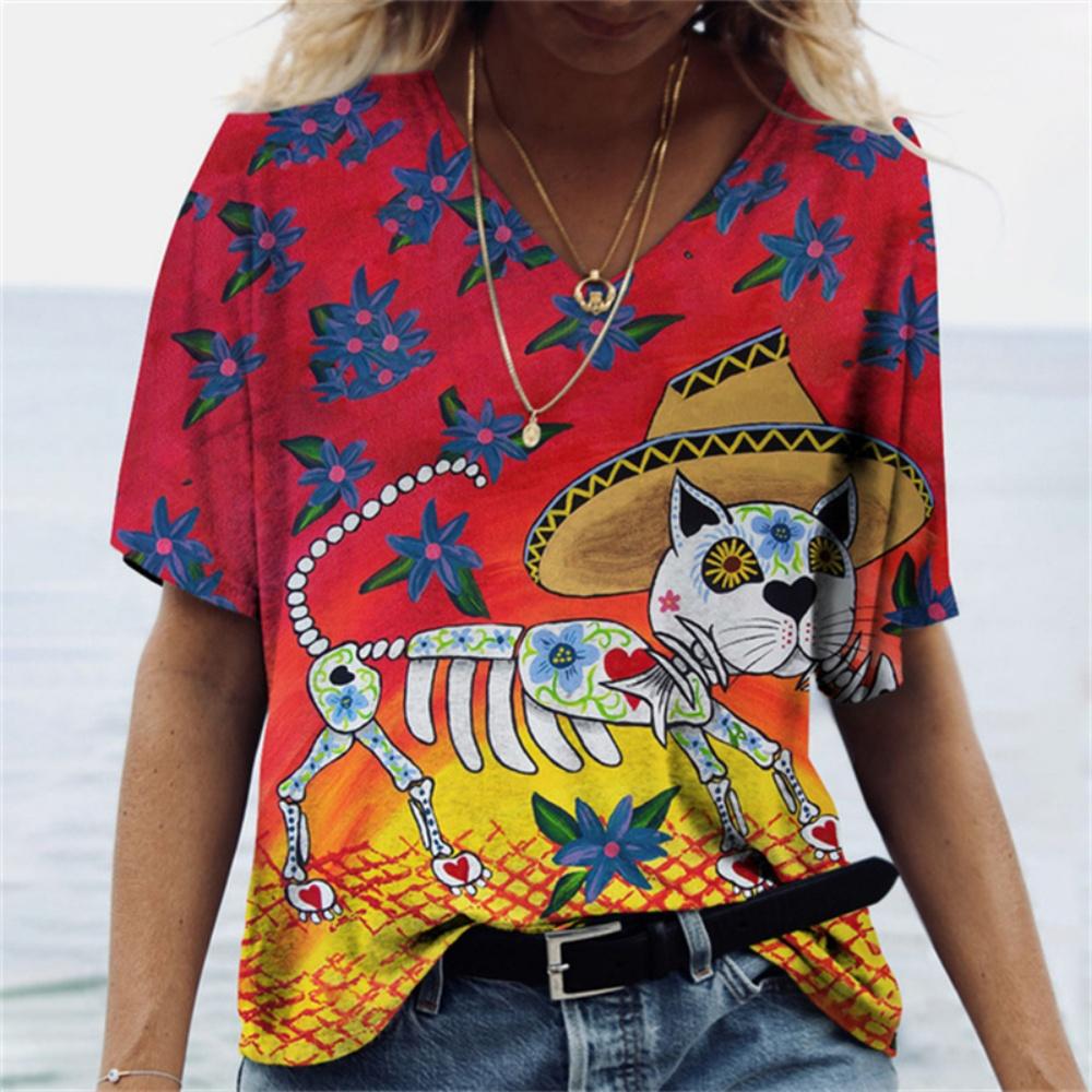 Summer V-neck 3D Printed Vintage Colorful Cat Funny Pattern Top Fashionable Casual Short Sleeved Women's T-shirts